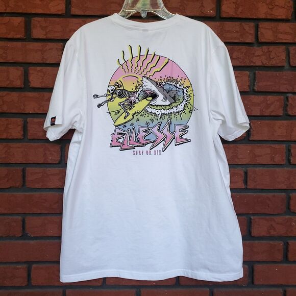 Ellesse T Shirt Size XL Surf or Die Graphic Print White Skeleton Shark Cotton - Picture 1 of 11